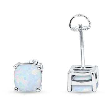 Solitaire Screw Back Stud Earring Excellent Cushion Cut Lab Created White Opal Solid 925 Sterling Silver